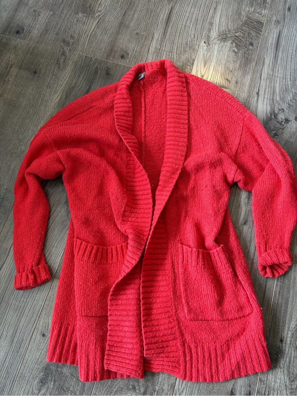 Aerie Bright Red Open-Front Knit Loose Cardigan w/ Pockets Wool Blend